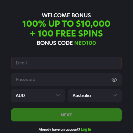 Neospin sign up form