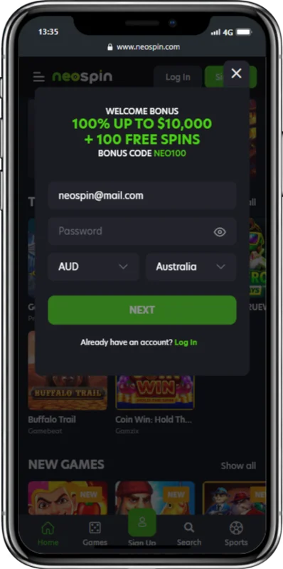 Sign Up process via Neo Spin Casino App