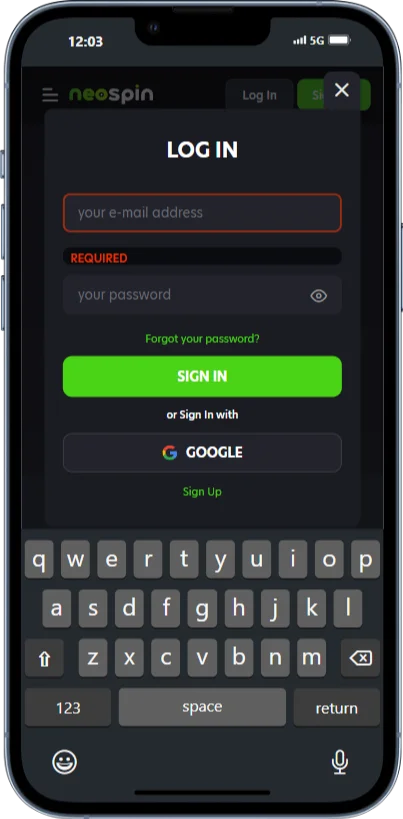 Neospin Login via Mobile App